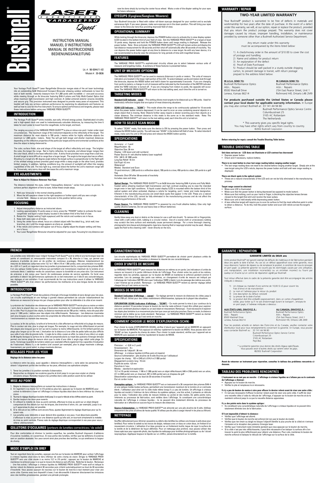 Bushnell 20-0836 instruction manual Introduction, EYE Adjustments, Focusing, Operational Summary, Features, Specifications 