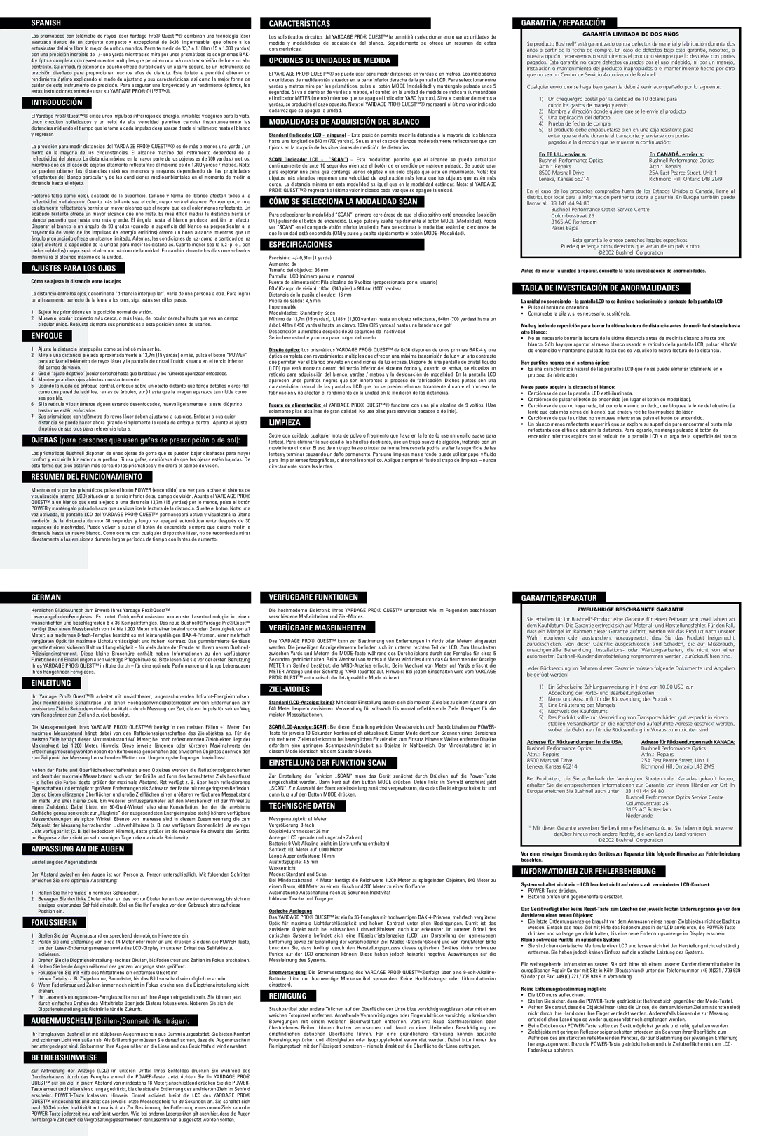 Bushnell 20-0836 Spanish, Introducción, Ajustes Para LOS Ojos, Enfoque, Resumen DEL Funcionamiento, Características 