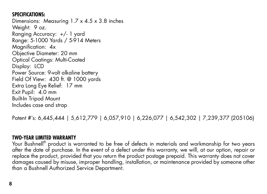 Bushnell 20-1354, 201355 manual Specifications, TWO-Year Limited Warranty 