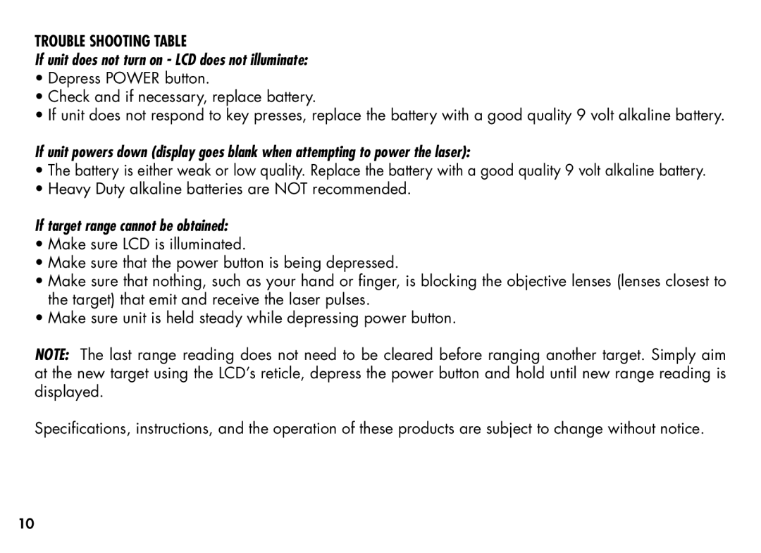 Bushnell 20-1354, 201355 manual Trouble Shooting Table, If unit does not turn on LCD does not illuminate 