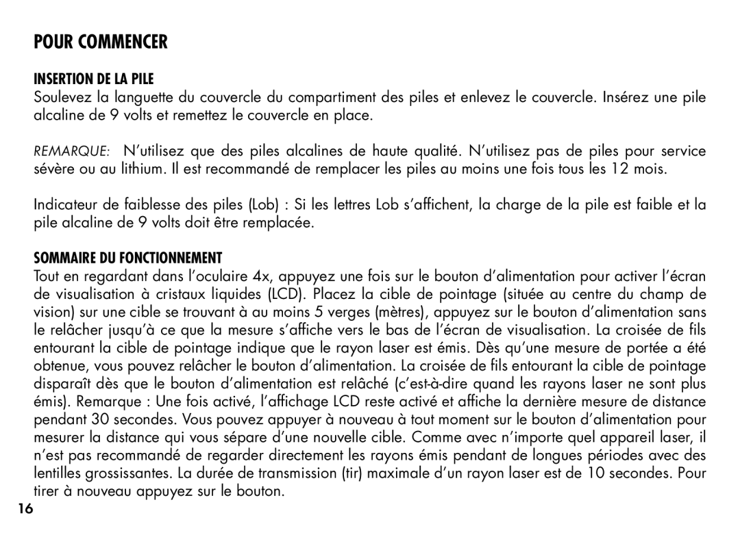 Bushnell 20-1354, 201355 manual Insertion DE LA Pile, Sommaire DU Fonctionnement 