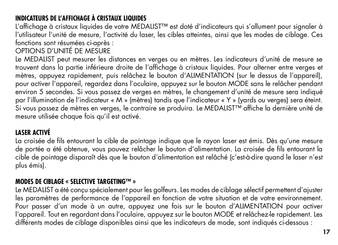 Bushnell 201355, 20-1354 manual Indicateurs DE L’AFFICHAGE À Cristaux Liquides, Options D’UNITÉ DE Mesure, Laser Activé 