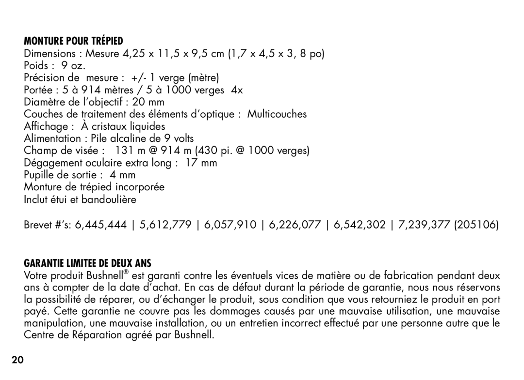 Bushnell 20-1354, 201355 manual Garantie Limitee DE Deux ANS 