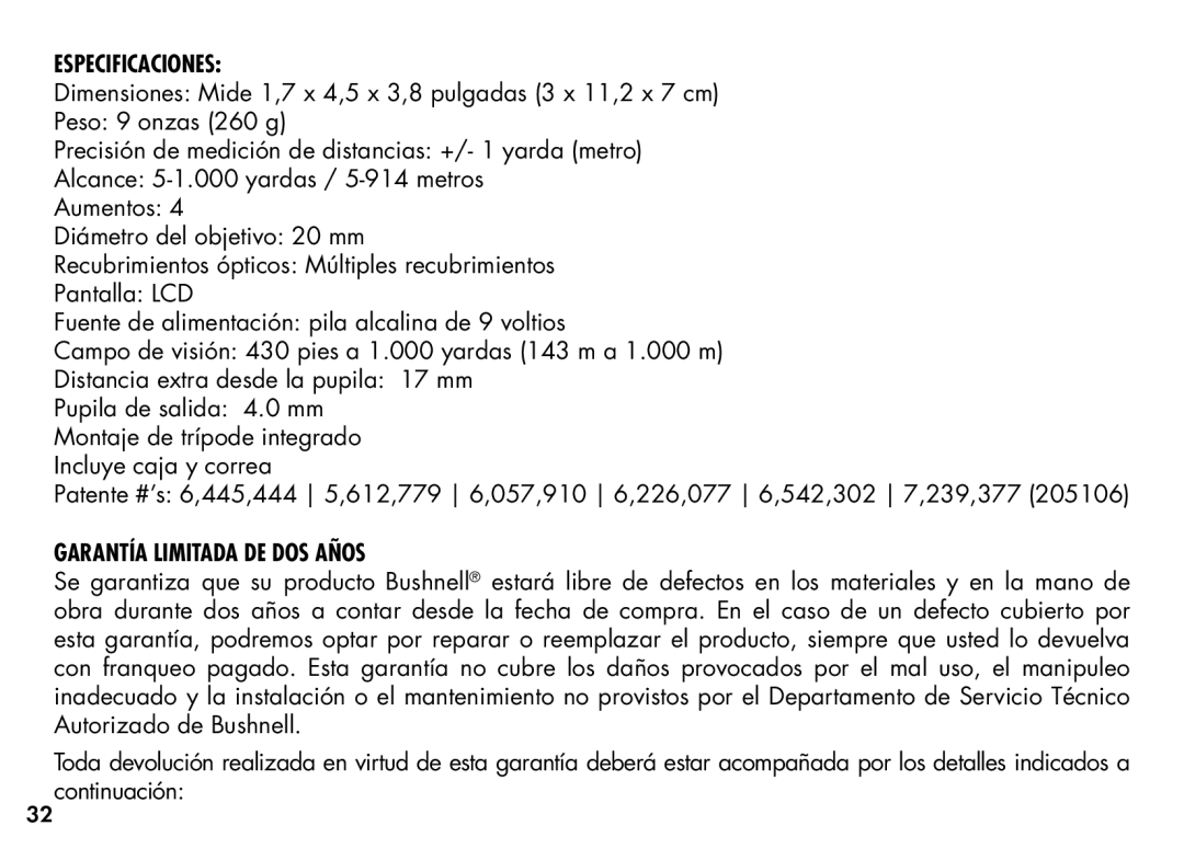 Bushnell 20-1354, 201355 manual Especificaciones, Garantía Limitada DE DOS Años 