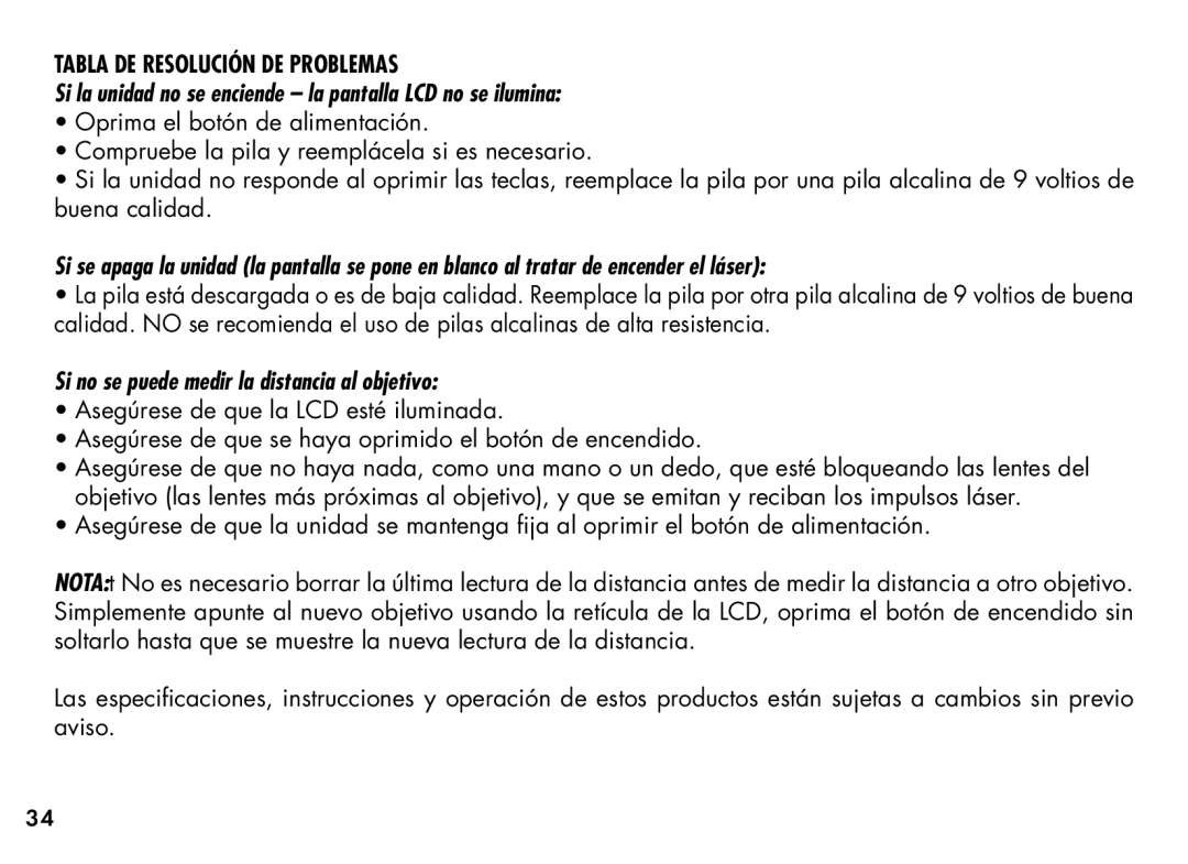 Bushnell 20-1354, 201355 manual Tabla DE Resolución DE Problemas, Si la unidad no se enciende la pantalla LCD no se ilumina 