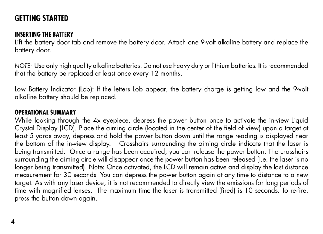 Bushnell 20-1354, 201355 manual Inserting the Battery, Operational Summary 