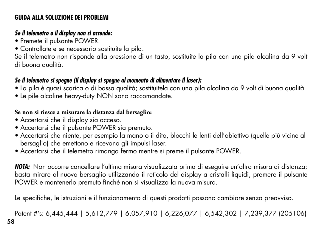 Bushnell 20-1354, 201355 manual Guida Alla Soluzione DEI Problemi, Se il telemetro o il display non si accende 