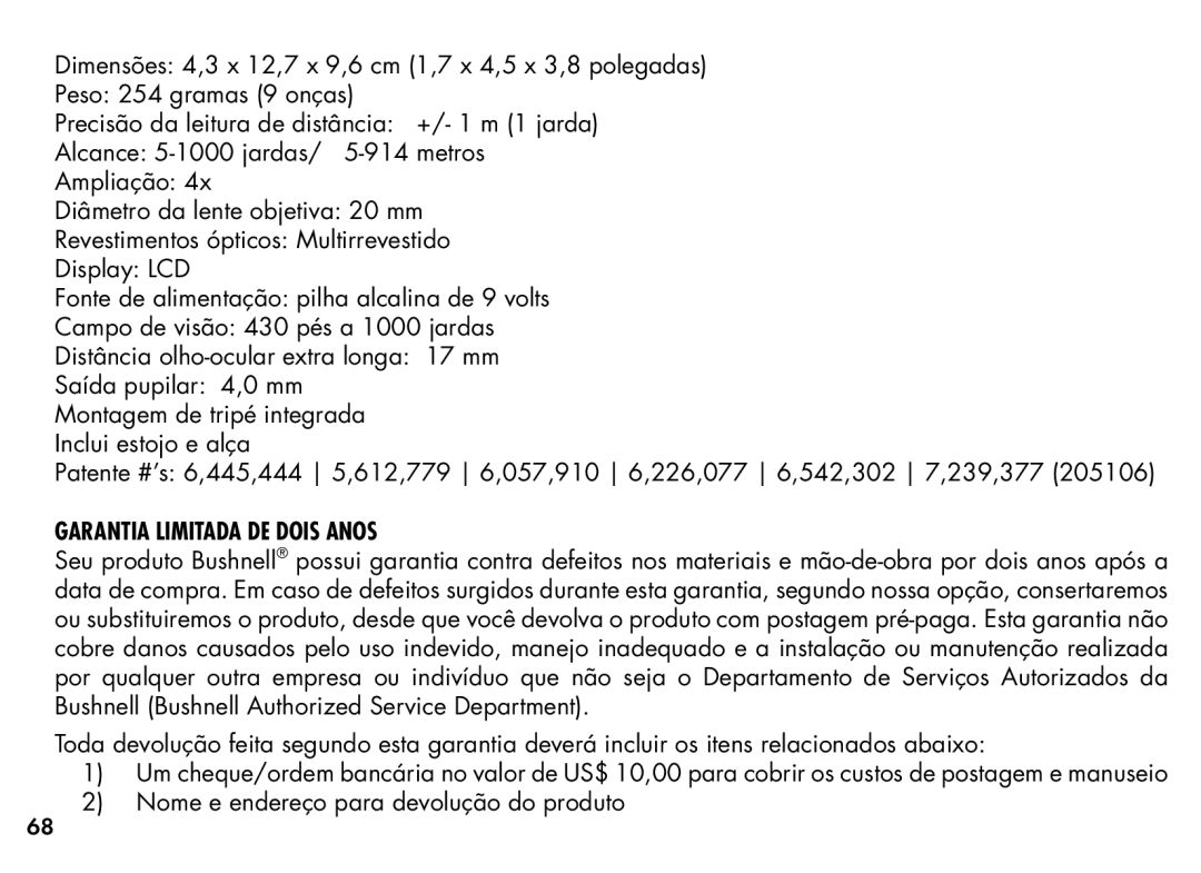 Bushnell 20-1354, 201355 manual Garantia Limitada DE Dois Anos 