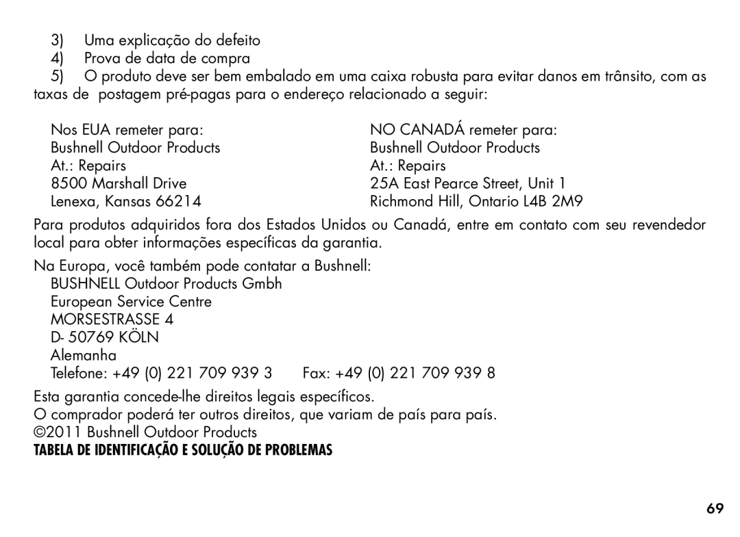 Bushnell 201355, 20-1354 manual Morsestrasse, Tabela DE Identificação E Solução DE Problemas 