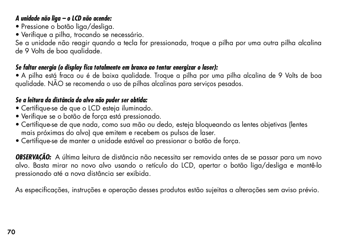 Bushnell 20-1354, 201355 manual Unidade não liga o LCD não acende 