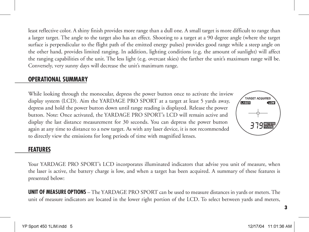 Bushnell 20-1920, 20-1916 manual Operational Summary, Features 