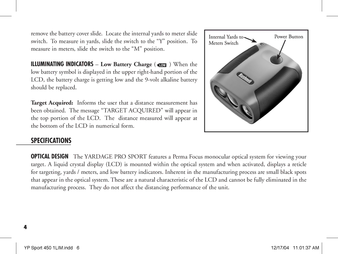 Bushnell 20-1916, 20-1920 manual Specifications 