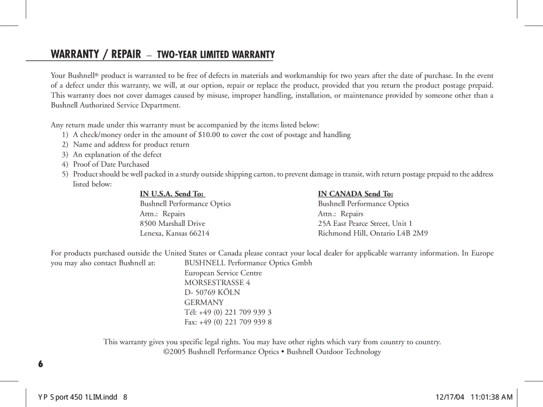 Bushnell 20-1916, 20-1920 manual Warranty / Repair TWO-YEAR Limited Warranty, U.S.A. Send To Canada Send To 