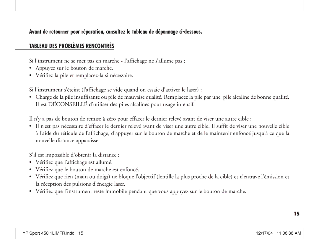 Bushnell 20-1920, 20-1916 manual Tableau DES Problèmes Rencontrés 