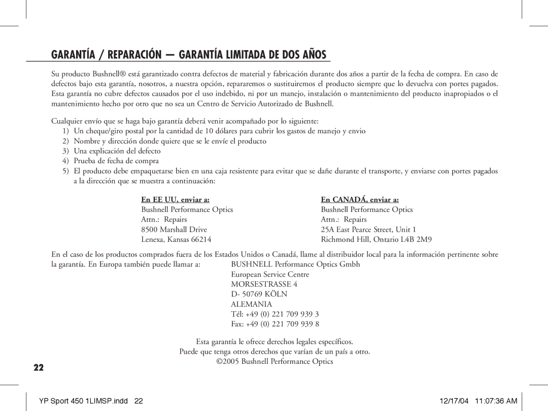 Bushnell 20-1916, 20-1920 manual Garantía / Reparación Garantía Limitada DE DOS Años, En EE UU, enviar a En CANADÁ, enviar a 