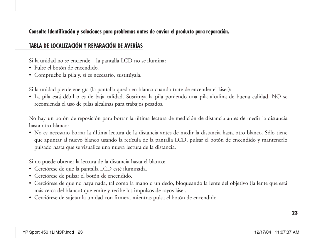 Bushnell 20-1920, 20-1916 manual Tabla DE Localización Y Reparación DE Averías 