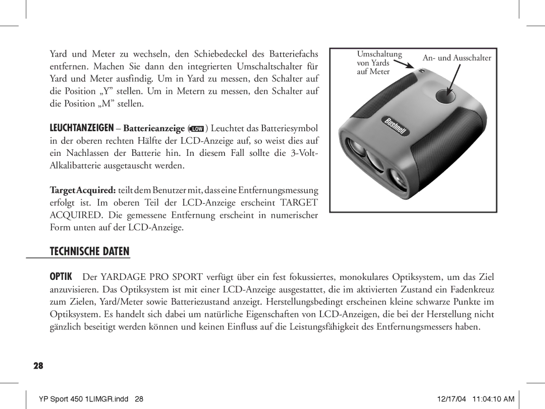 Bushnell 20-1916, 20-1920 manual Technische Daten 
