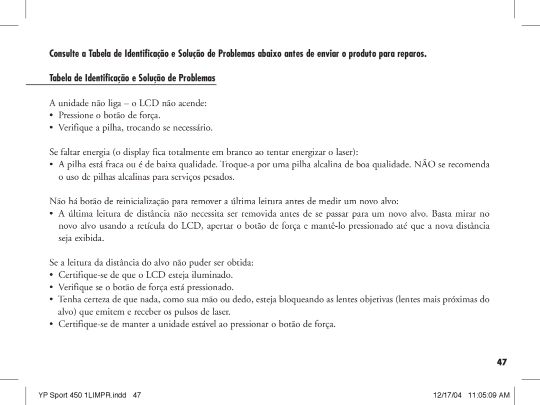 Bushnell 20-1920, 20-1916 manual Tabela de Identificação e Solução de Problemas 