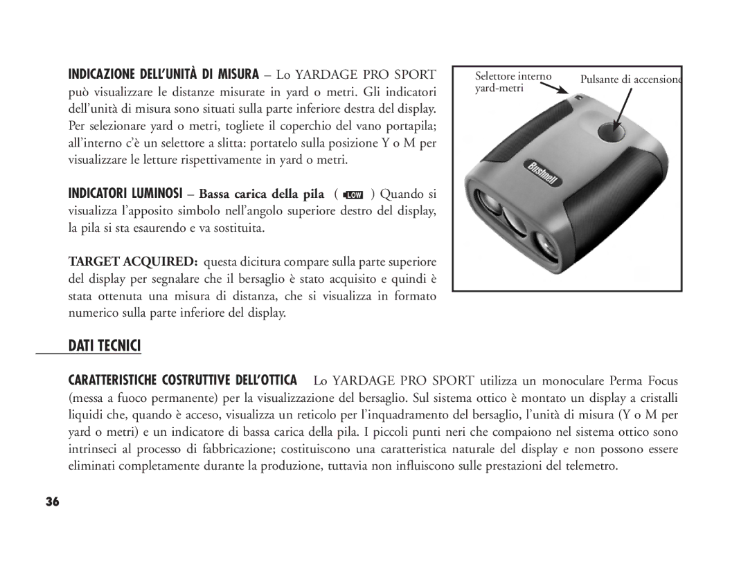 Bushnell 20-1916, 20-1920 manual Dati Tecnici 