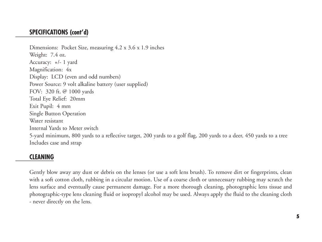 Bushnell 20-1920, 20-1916 manual Specifications cont’d, Cleaning 