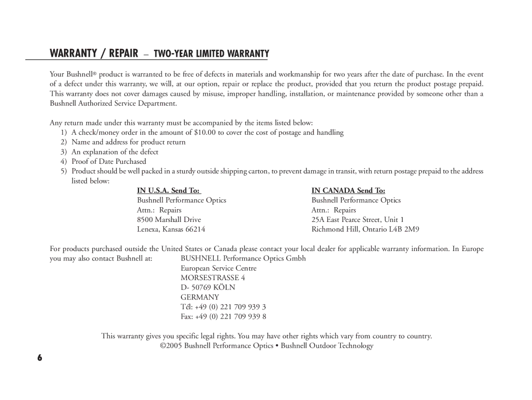 Bushnell 20-1916, 20-1920 manual Warranty / Repair TWO-YEAR Limited Warranty, U.S.A. Send To Canada Send To 