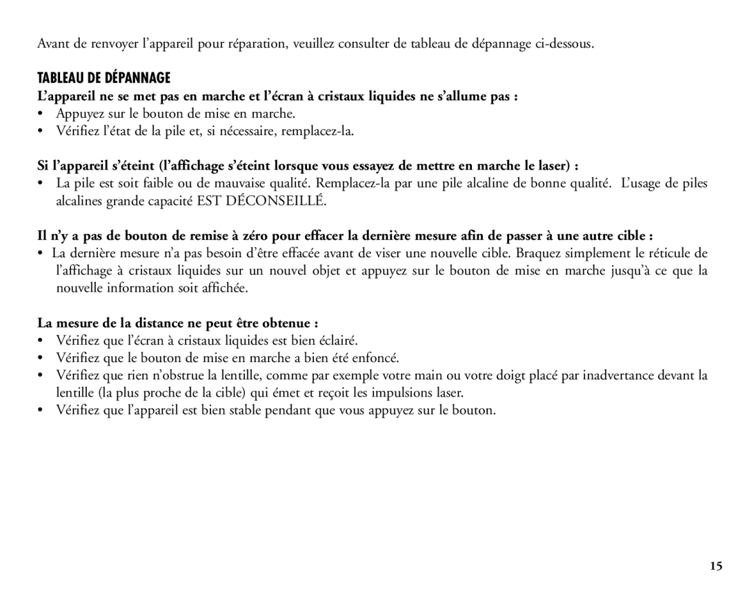 Bushnell 20-1925 manual Tableau DE Dépannage, La mesure de la distance ne peut être obtenue 