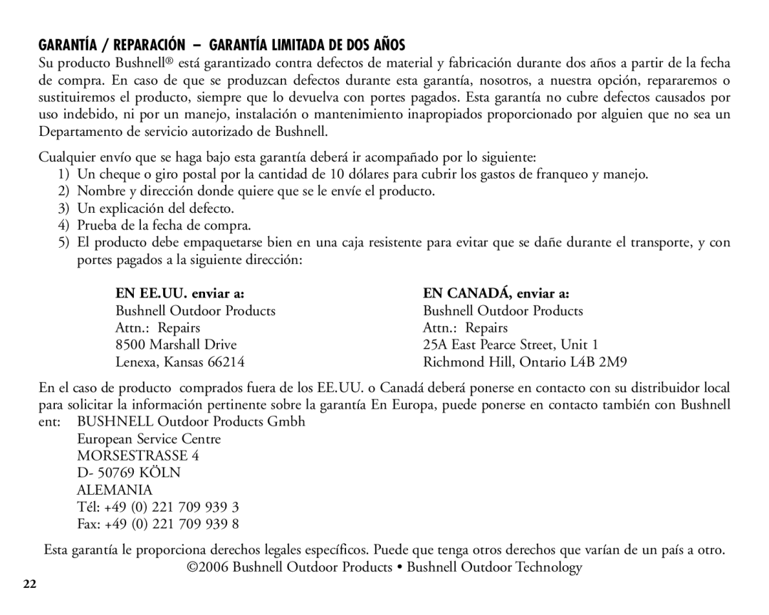 Bushnell 20-1925 manual Garantía / Reparación Garantía Limitada DE DOS Años, EN EE.UU. enviar a EN CANADÁ, enviar a 