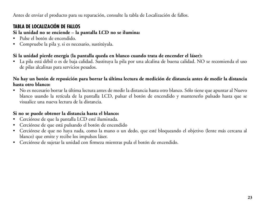 Bushnell 20-1925 manual Tabla DE Localización DE Fallos, Si la unidad no se enciende la pantalla LCD no se ilumina 