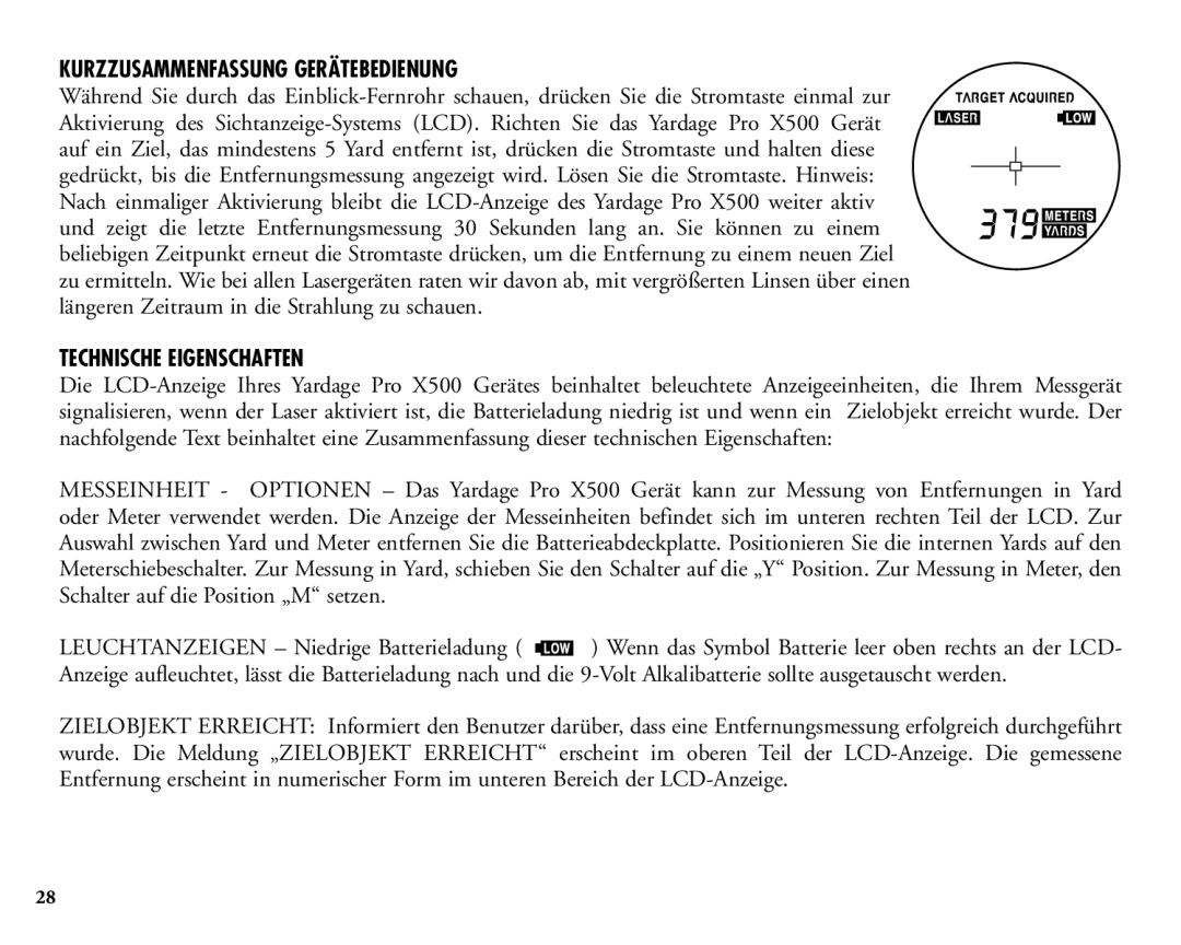 Bushnell 20-1925 manual Kurzzusammenfassung Gerätebedienung, Technische Eigenschaften 