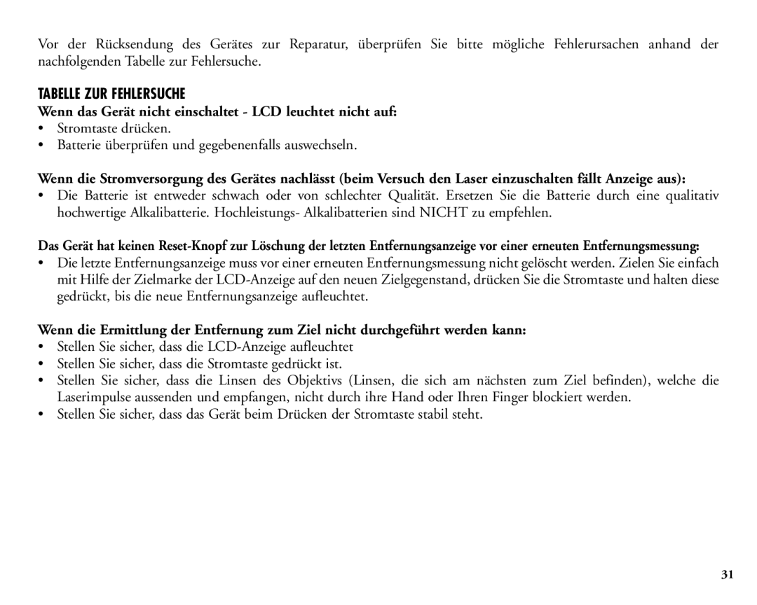 Bushnell 20-1925 manual Tabelle ZUR Fehlersuche, Wenn das Gerät nicht einschaltet LCD leuchtet nicht auf 