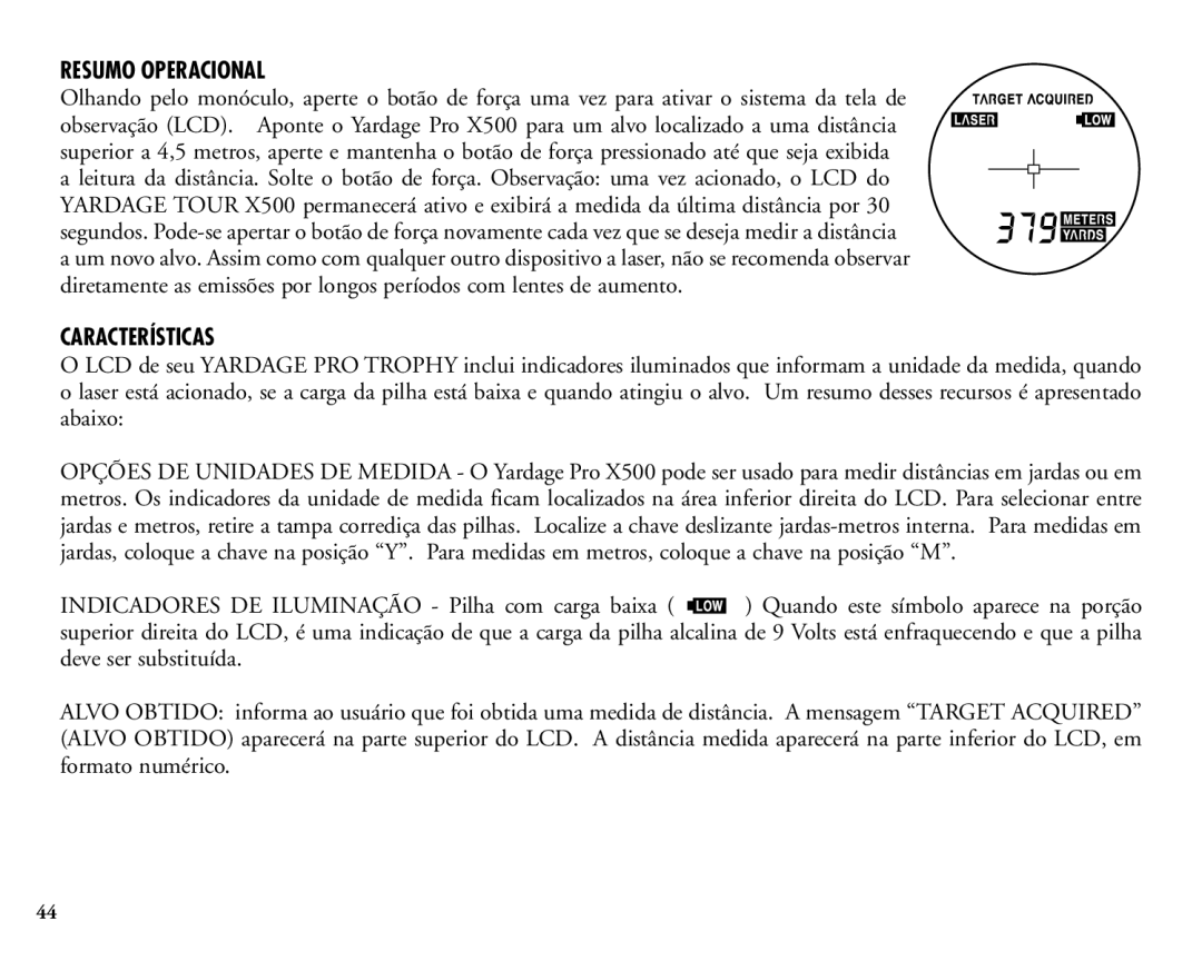 Bushnell 20-1925 manual Resumo Operacional, Características 