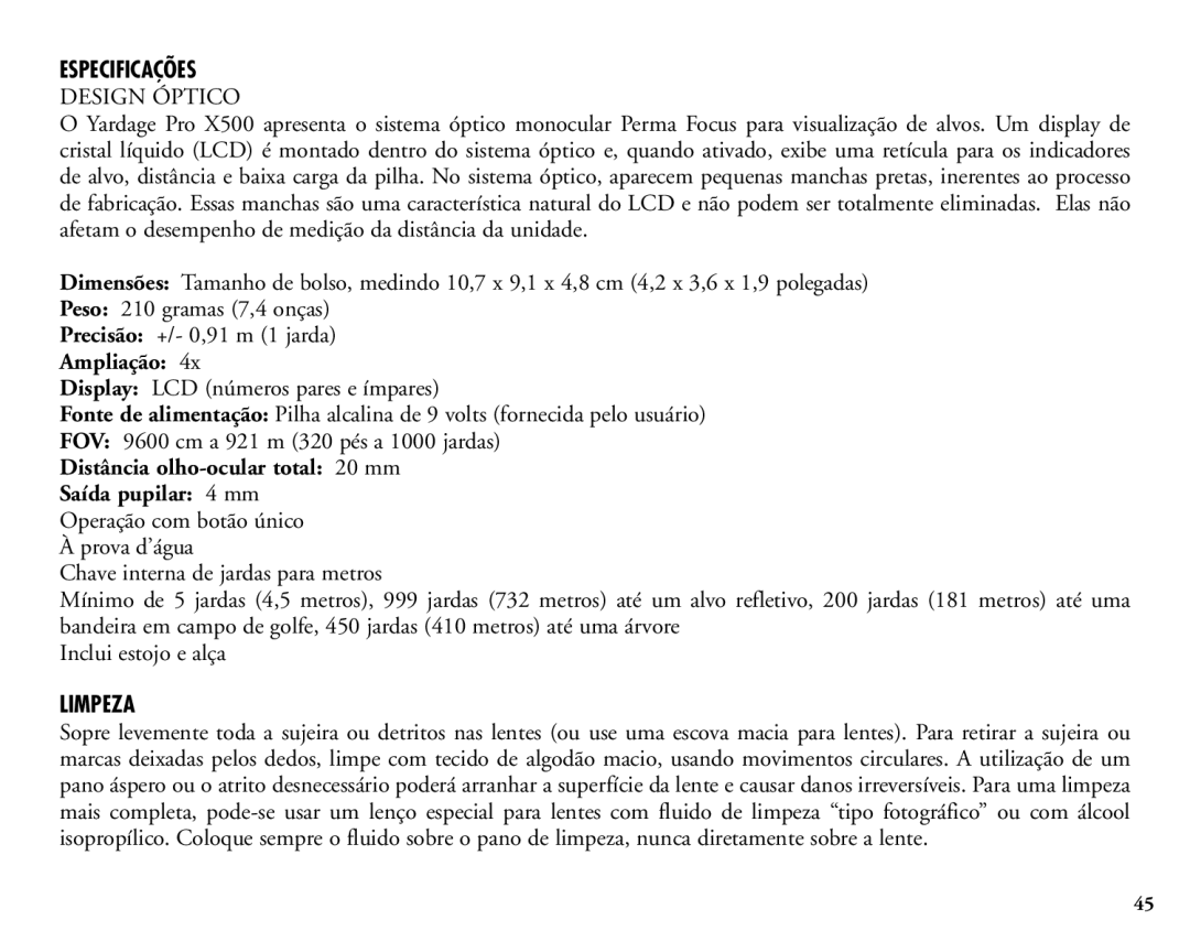 Bushnell 20-1925 manual Especificações, Ampliação, Limpeza 