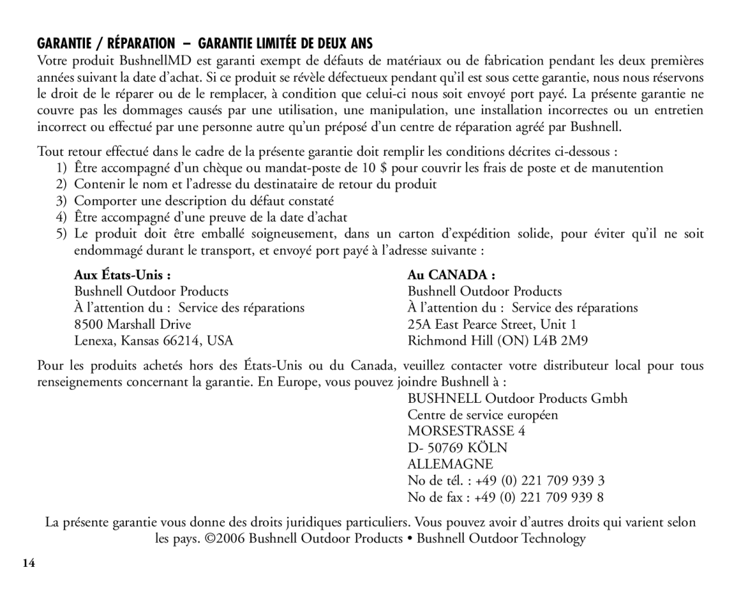 Bushnell 20-1925 manual Garantie / Réparation Garantie Limitée DE Deux ANS, Aux États-Unis, Au Canada 