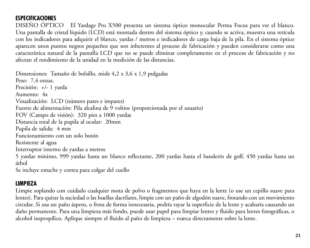 Bushnell 20-1925 manual Especificaciones, Limpieza 