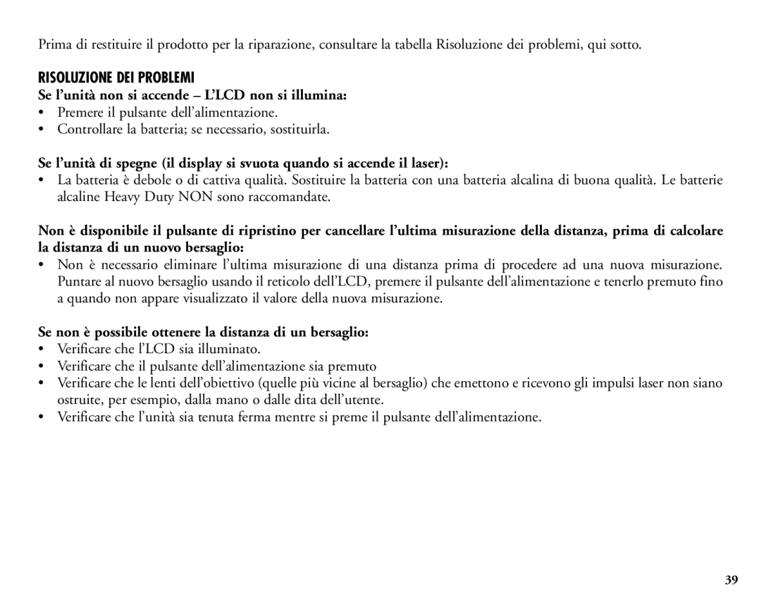 Bushnell 20-1925 manual Risoluzione DEI Problemi, Se l’unità non si accende L’LCD non si illumina 