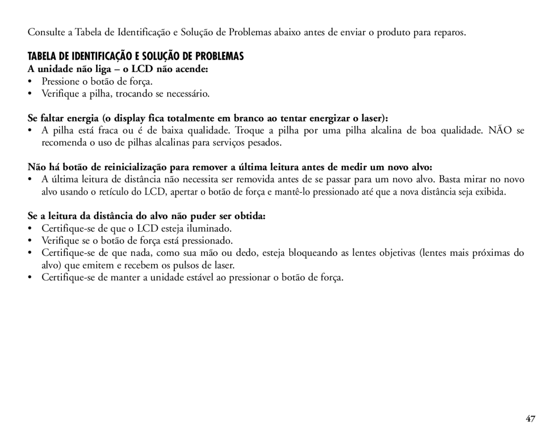 Bushnell 20-1925 manual Tabela DE Identificação E Solução DE Problemas, Unidade não liga o LCD não acende 