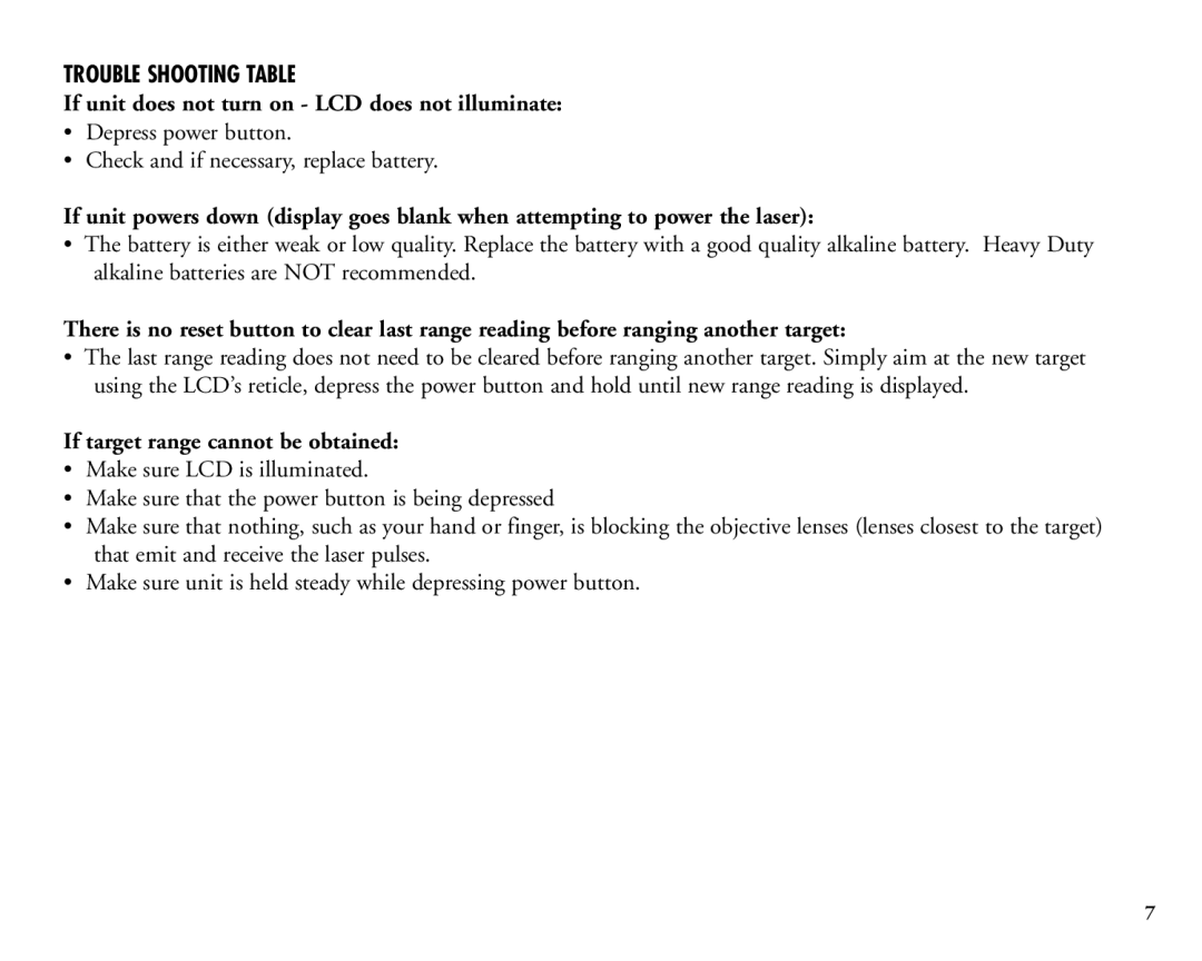 Bushnell 20-1925 manual Trouble Shooting Table, If unit does not turn on LCD does not illuminate 