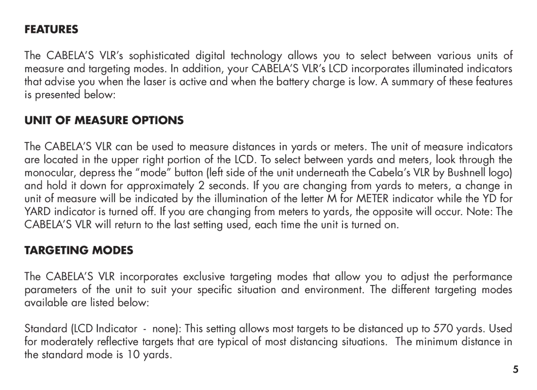 Bushnell 20-3031, 20-3131 instruction manual Features, Unit of Measure Options, Targeting Modes 