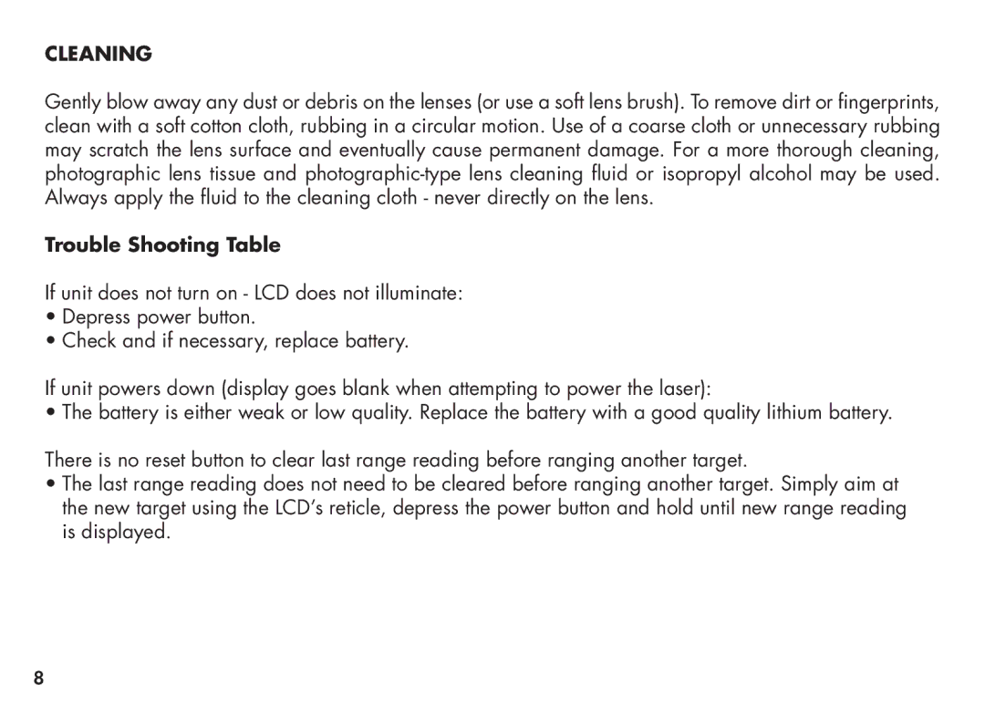 Bushnell 20-3131, 20-3031 instruction manual Cleaning, Trouble Shooting Table 