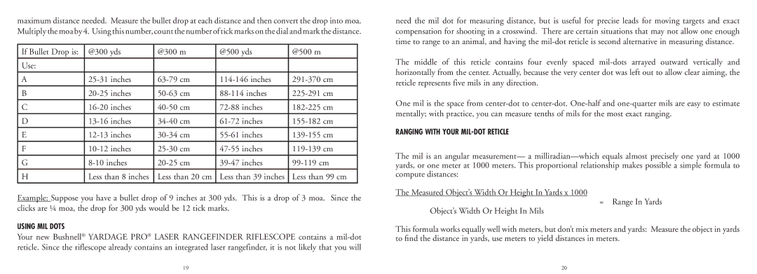 Bushnell 20-4124EU manual Using MIL Dots, Ranging with Your MIL-DOT Reticle 