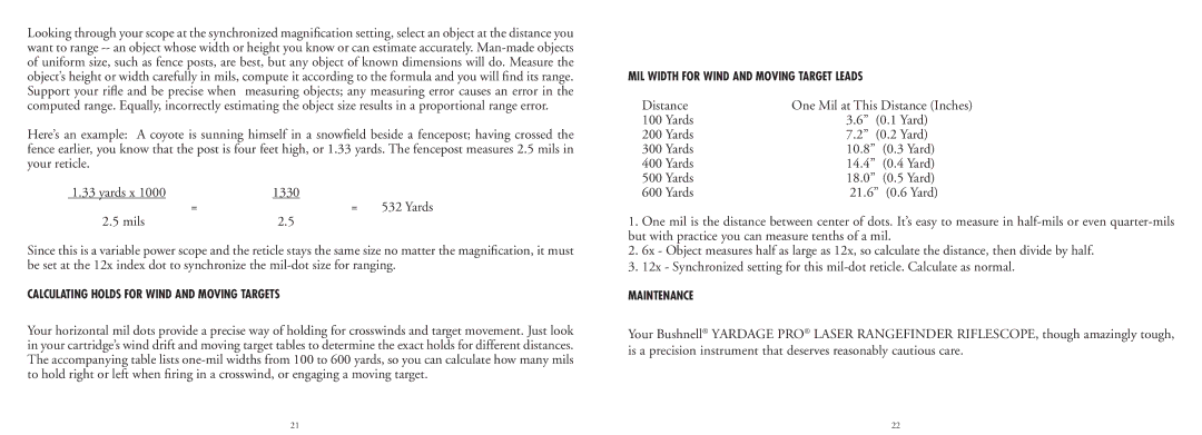 Bushnell 20-4124EU manual Calculating Holds for Wind and Moving Targets, Maintenance 