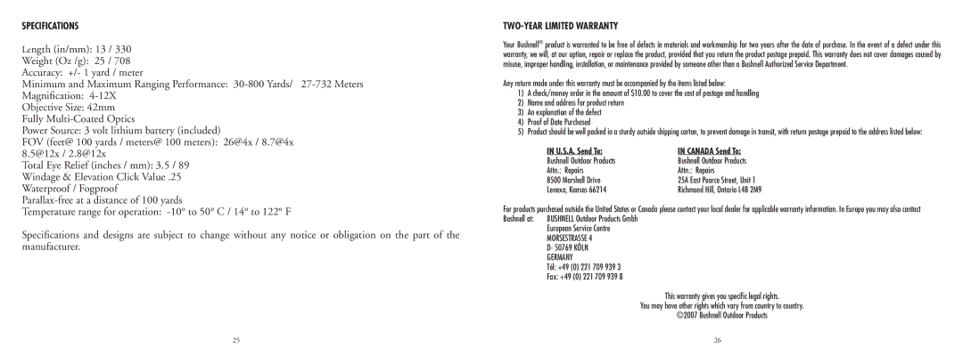 Bushnell 20-4124EU manual Specifications, TWO-Year Limited Warranty 