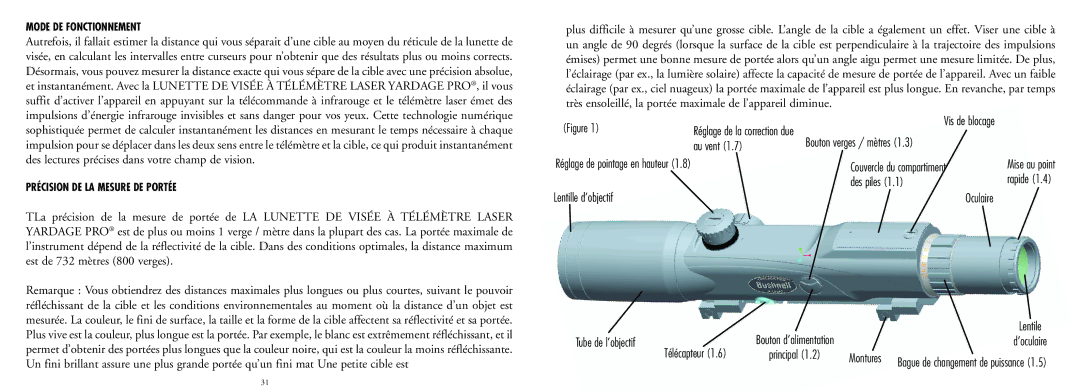 Bushnell 20-4124 manual Au vent, Lentille d’objectif, Bouton verges / mètres Couvercle du compartiment, Des piles, Lentile 