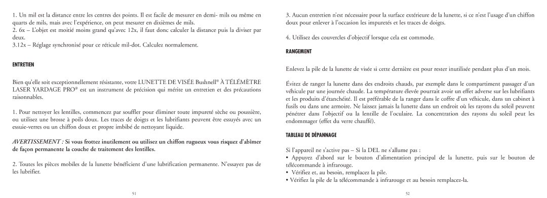 Bushnell 20-4124EU manual Entretien, Rangement, Tableau DE Dépannage 