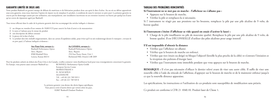 Bushnell 20-4124EU manual Garantie Limitée DE Deux ANS, Tableau DES Problèmes Rencontrés 