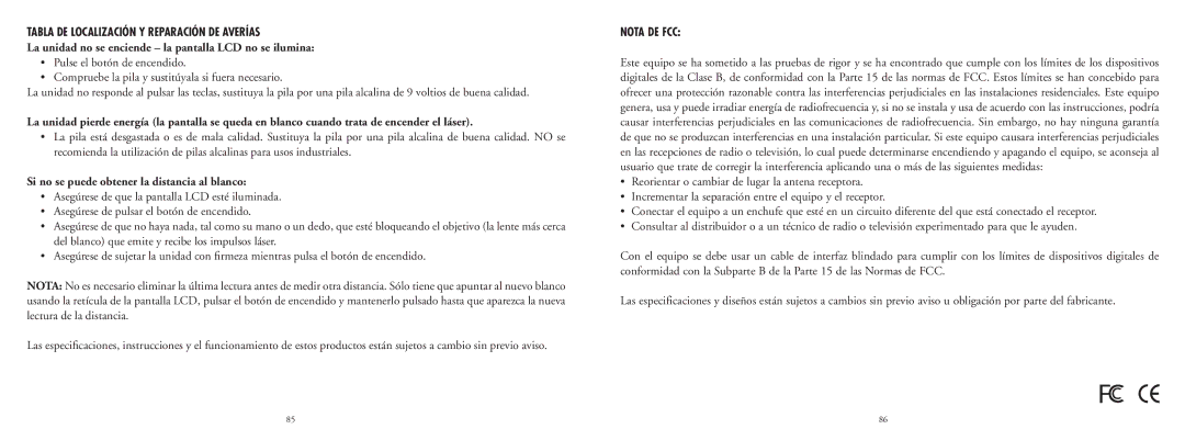 Bushnell 20-4124EU Tabla DE Localización Y Reparación DE Averías, La unidad no se enciende la pantalla LCD no se ilumina 