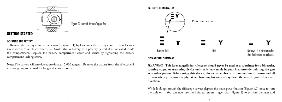 Bushnell 20-4124EU manual Battery Full Half, Inserting the Battery, Battery Life Indicator, Operational Summary 