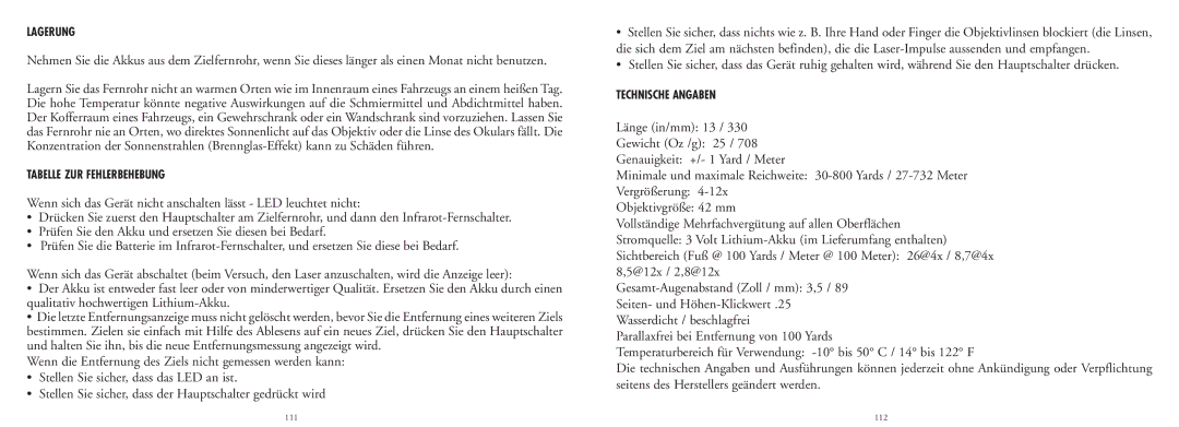 Bushnell 20-4124EU manual Lagerung, Tabelle ZUR Fehlerbehebung, Technische Angaben 