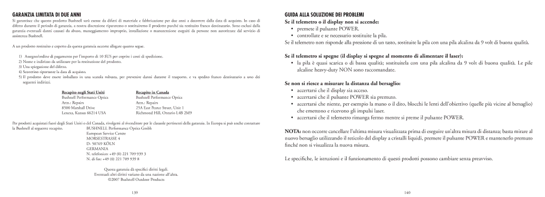 Bushnell 20-4124EU manual Garanzia Limitata DI DUE Anni, Recapito negli Stati Uniti Recapito in Canada 