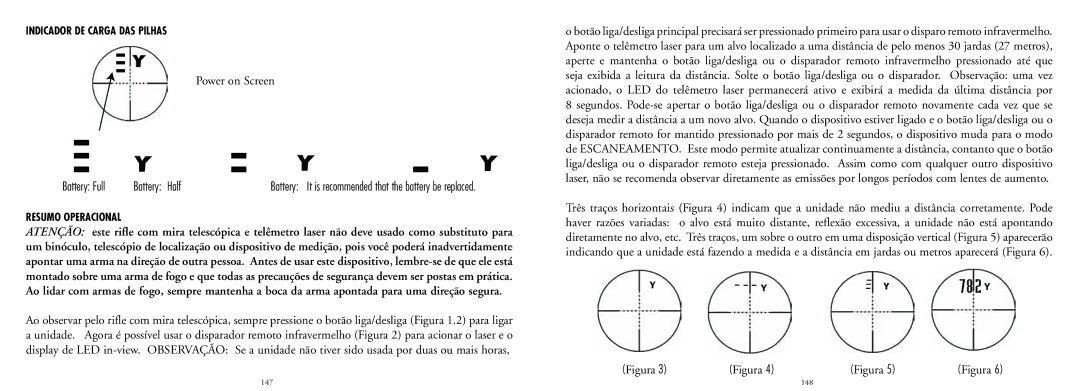Bushnell 20-4124EU manual Battery Full Battery Half, Indicador DE Carga DAS Pilhas, Resumo Operacional 